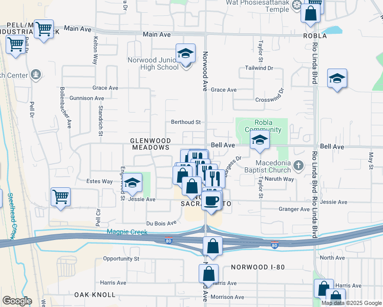 map of restaurants, bars, coffee shops, grocery stores, and more near 385 Bell Avenue in Sacramento