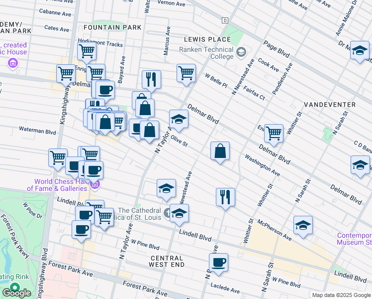 map of restaurants, bars, coffee shops, grocery stores, and more near 4438 Olive Street in St. Louis