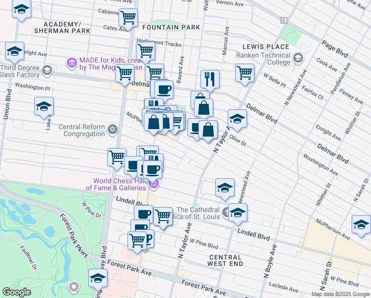 map of restaurants, bars, coffee shops, grocery stores, and more near in St. Louis