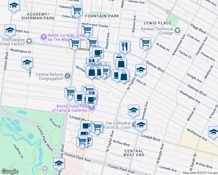 map of restaurants, bars, coffee shops, grocery stores, and more near in St. Louis