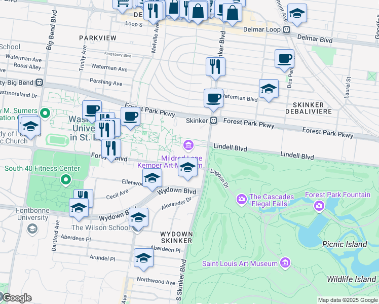 map of restaurants, bars, coffee shops, grocery stores, and more near 1 Wrighton Way in St. Louis