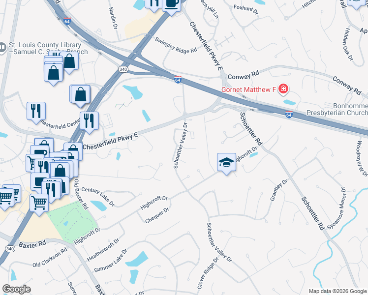 map of restaurants, bars, coffee shops, grocery stores, and more near 15469 Schoettler Valley Drive in Chesterfield