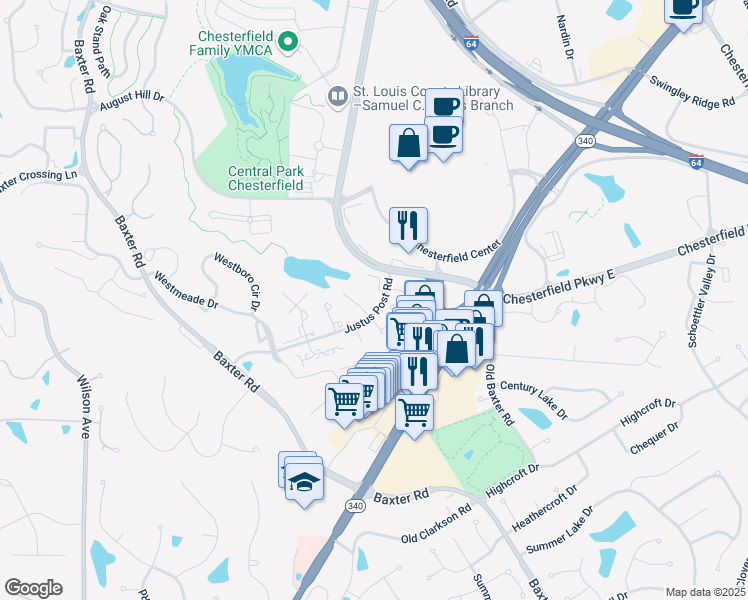 map of restaurants, bars, coffee shops, grocery stores, and more near 1548 Milbridge Drive in Chesterfield