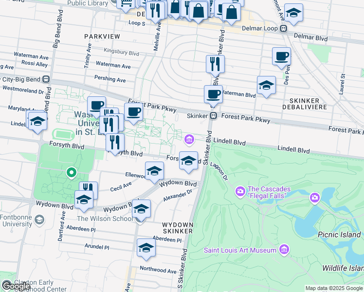 map of restaurants, bars, coffee shops, grocery stores, and more near 1 Wrighton Way in St. Louis