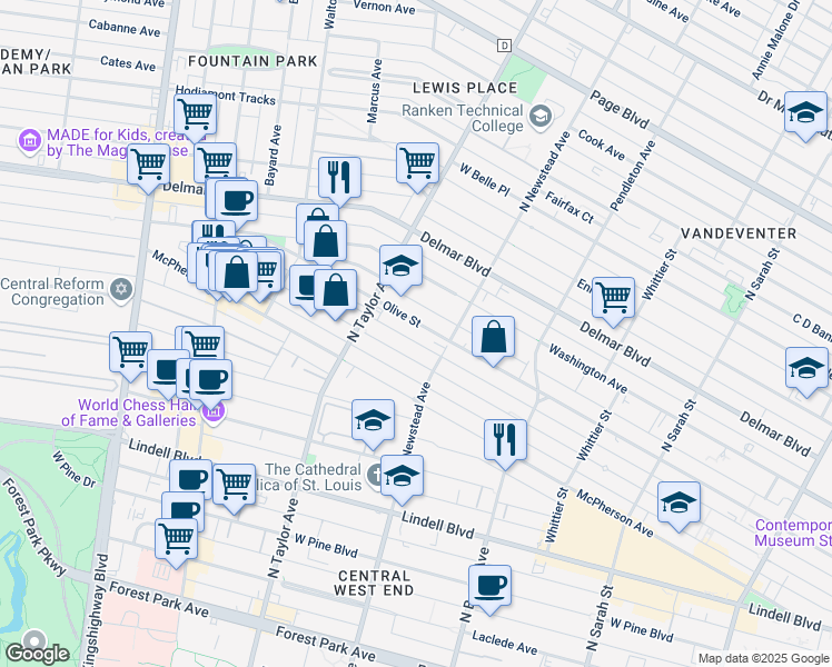 map of restaurants, bars, coffee shops, grocery stores, and more near 4438 Olive Street in St. Louis