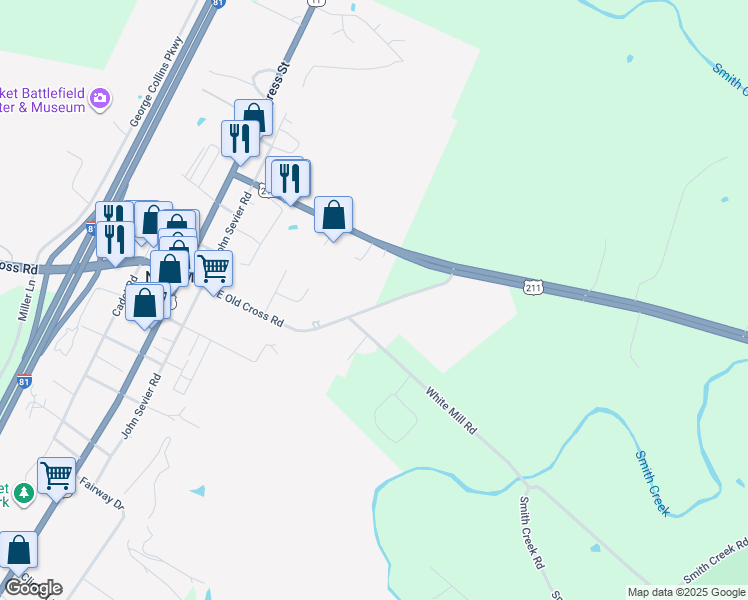map of restaurants, bars, coffee shops, grocery stores, and more near 350 East Old Cross Road in New Market