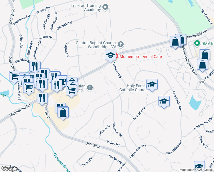 map of restaurants, bars, coffee shops, grocery stores, and more near 14078 Fallbrook Lane in Woodbridge