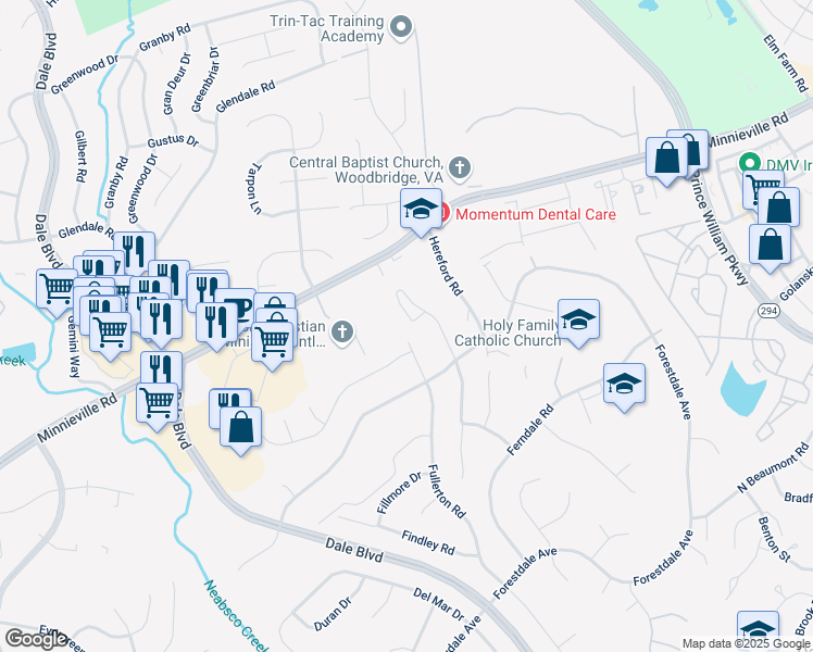 map of restaurants, bars, coffee shops, grocery stores, and more near 14078 Fallbrook Lane in Woodbridge