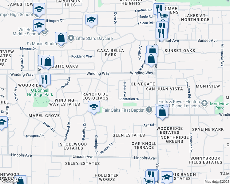 map of restaurants, bars, coffee shops, grocery stores, and more near 4621 Plantation Drive in Fair Oaks