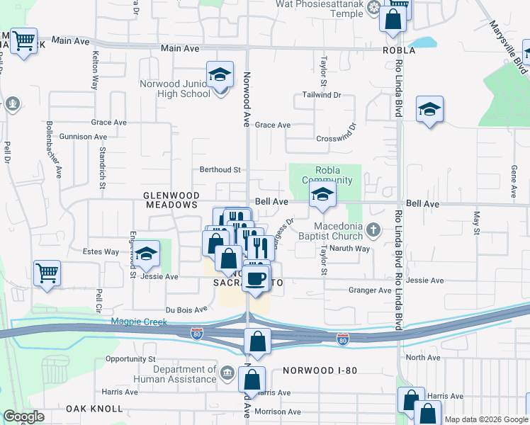 map of restaurants, bars, coffee shops, grocery stores, and more near 410 Bell Avenue in Sacramento
