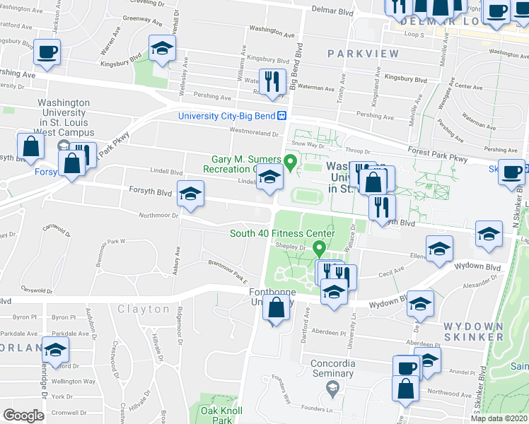 map of restaurants, bars, coffee shops, grocery stores, and more near 7008 Forsyth Boulevard in Clayton