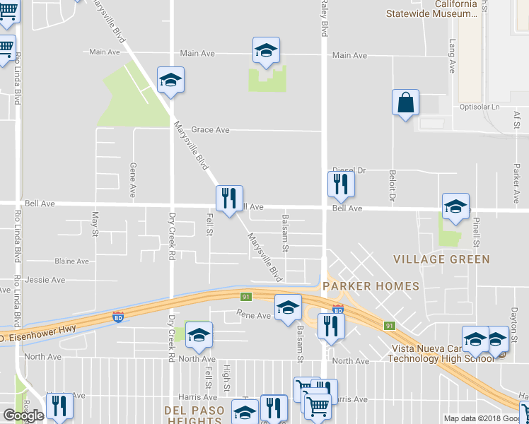 map of restaurants, bars, coffee shops, grocery stores, and more near 1420 Bell Avenue in Sacramento