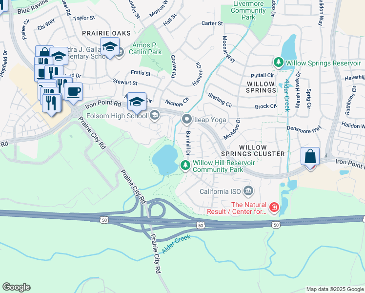 map of restaurants, bars, coffee shops, grocery stores, and more near 285 Barnhill Drive in Folsom