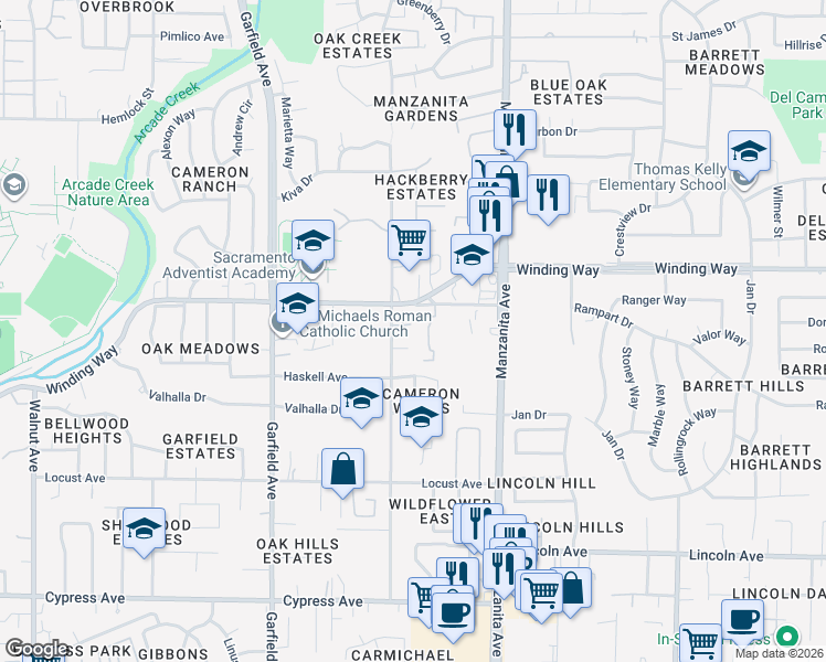 map of restaurants, bars, coffee shops, grocery stores, and more near 4537 Winding Tree Lane in Carmichael