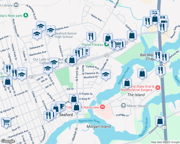 map of restaurants, bars, coffee shops, grocery stores, and more near 444 Thomas Street in Seaford