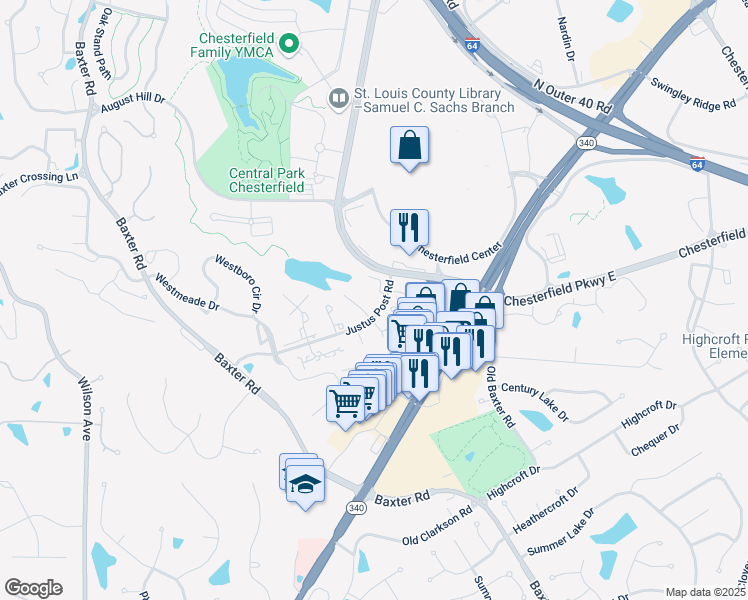 map of restaurants, bars, coffee shops, grocery stores, and more near 1568 Milbridge Drive in Chesterfield