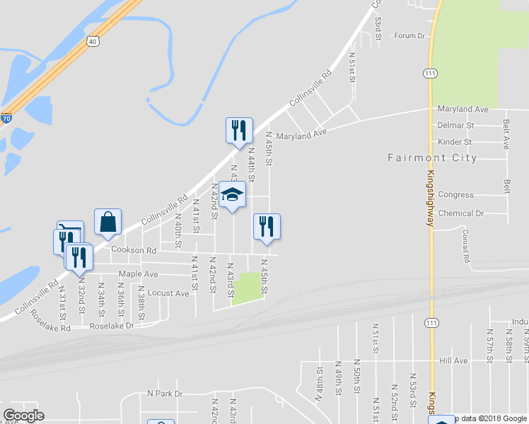 map of restaurants, bars, coffee shops, grocery stores, and more near 2755 North 45th Street in East St. Louis
