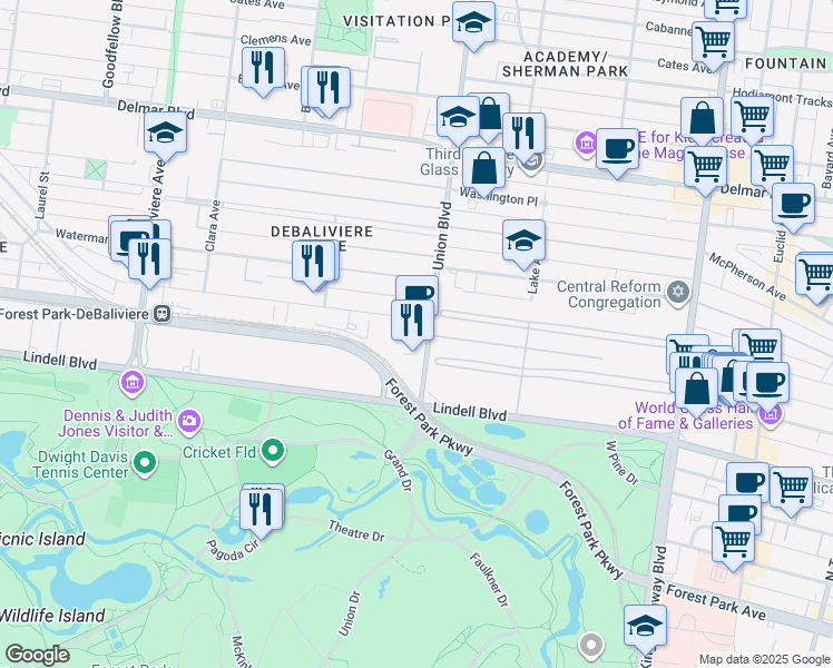map of restaurants, bars, coffee shops, grocery stores, and more near 265 Union Boulevard in Saint Louis