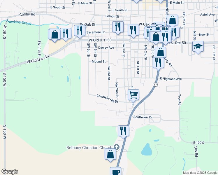 map of restaurants, bars, coffee shops, grocery stores, and more near Tower Drive in Washington
