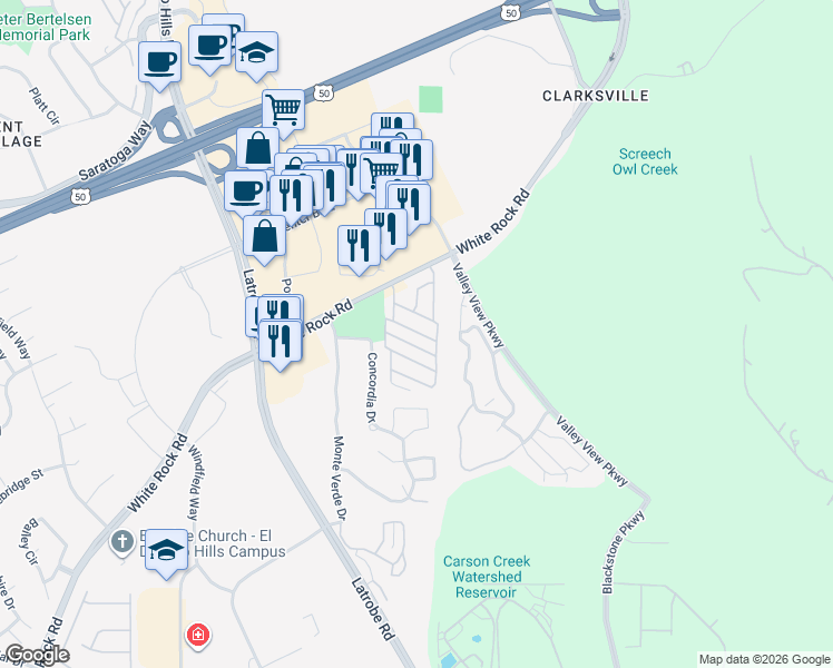 map of restaurants, bars, coffee shops, grocery stores, and more near 1130 White Rock Road in El Dorado Hills