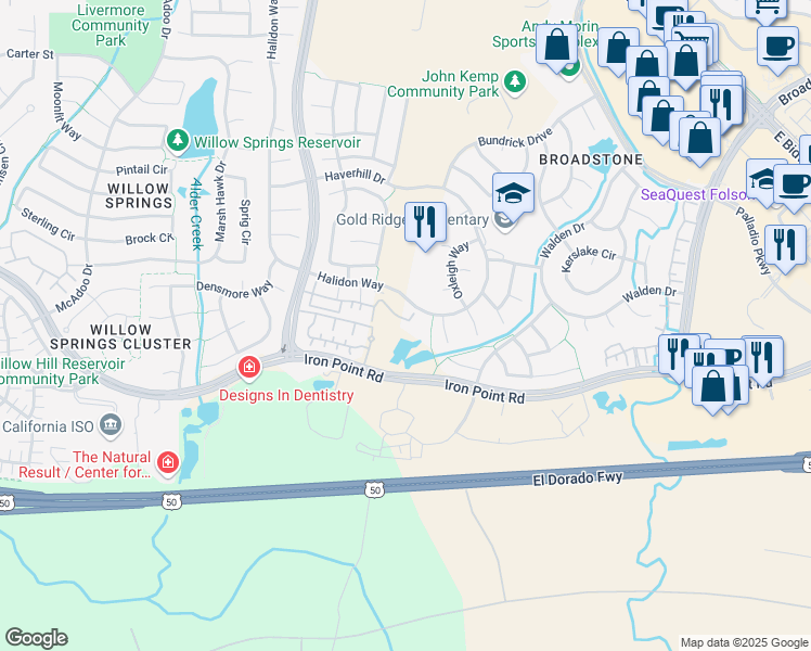 map of restaurants, bars, coffee shops, grocery stores, and more near 816 Halidon Way in Folsom