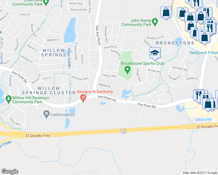 map of restaurants, bars, coffee shops, grocery stores, and more near 215 Vessona Circle in Folsom