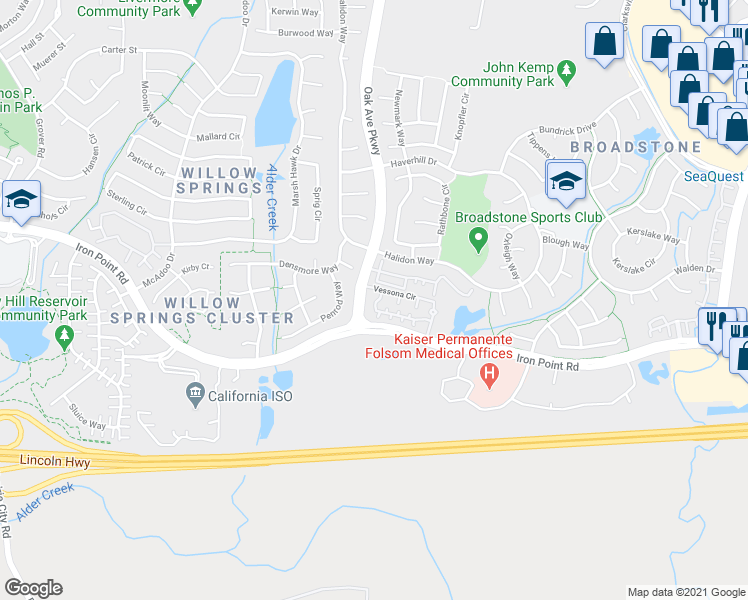 map of restaurants, bars, coffee shops, grocery stores, and more near 714 Vessona Circle in Folsom