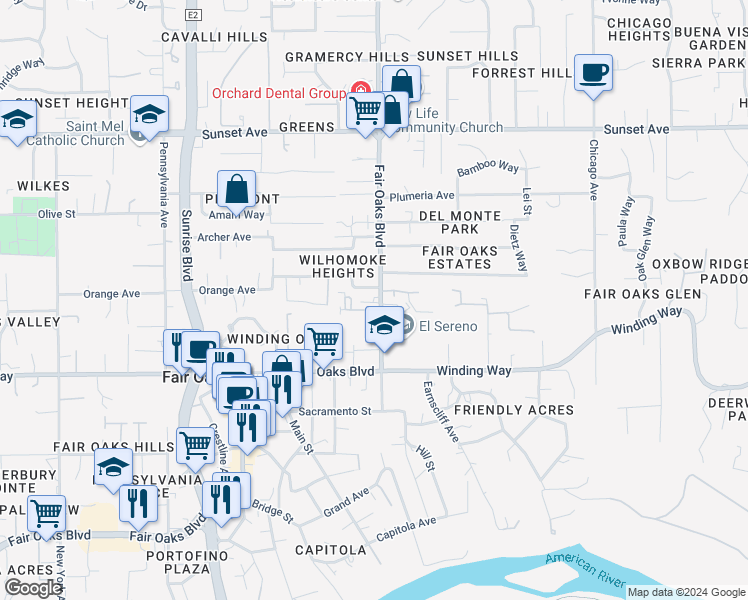 map of restaurants, bars, coffee shops, grocery stores, and more near 10827 Fair Oaks Boulevard in Fair Oaks