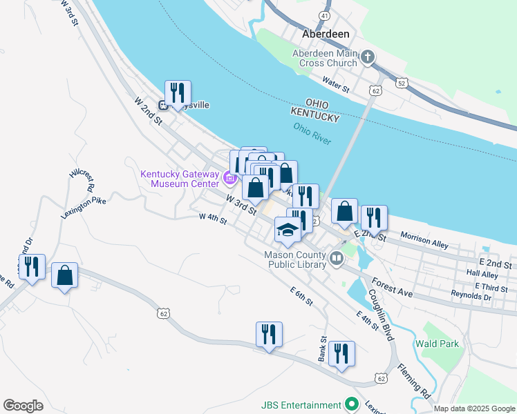 map of restaurants, bars, coffee shops, grocery stores, and more near 200 Market Street in Maysville