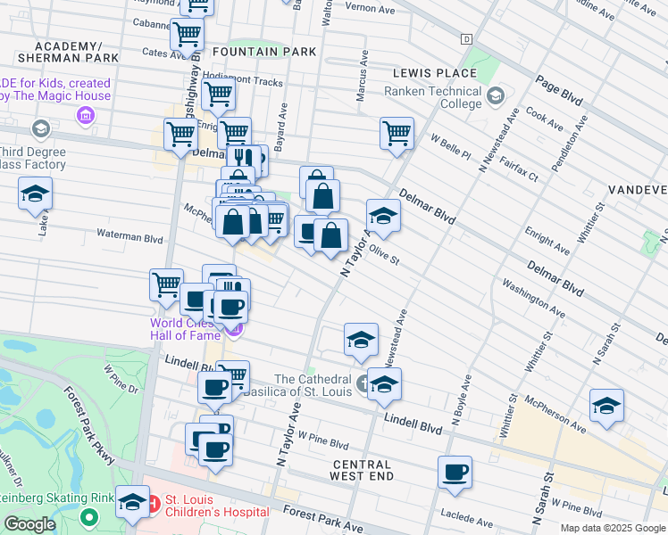 map of restaurants, bars, coffee shops, grocery stores, and more near 4522 Westminster Place in St. Louis