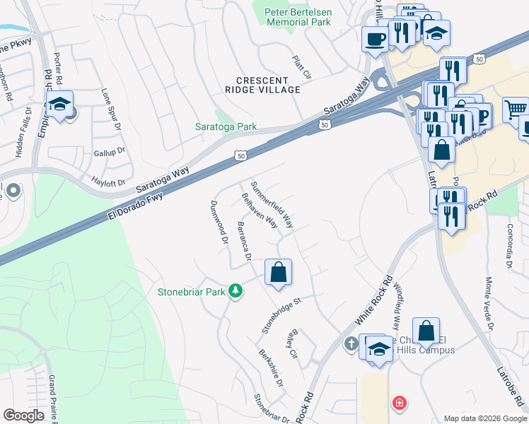 map of restaurants, bars, coffee shops, grocery stores, and more near 7987 Belhaven Way in El Dorado Hills