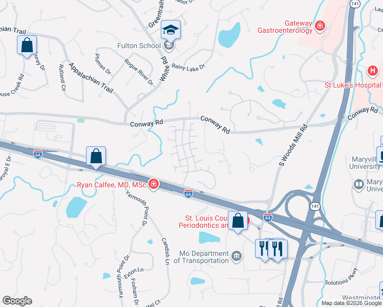map of restaurants, bars, coffee shops, grocery stores, and more near 430 Conway Meadows Drive in Chesterfield