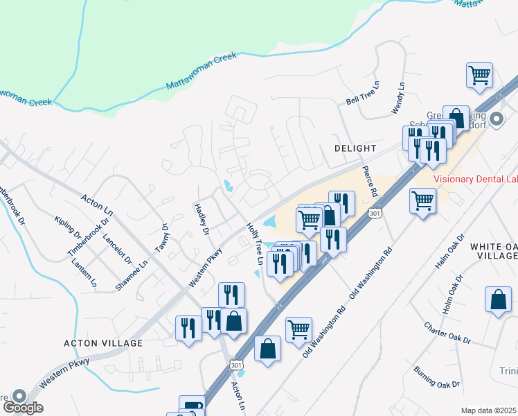 map of restaurants, bars, coffee shops, grocery stores, and more near 11944 Calico Woods Drive in Waldorf