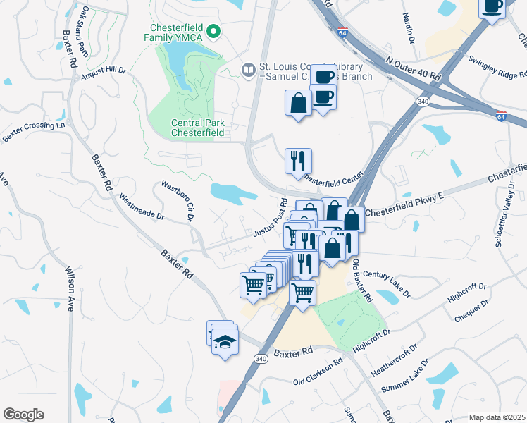 map of restaurants, bars, coffee shops, grocery stores, and more near 1548 Milbridge Drive in Chesterfield