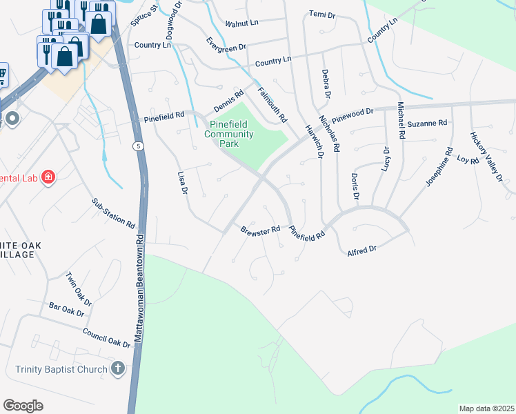 map of restaurants, bars, coffee shops, grocery stores, and more near 4009 Brewster Lane in Waldorf