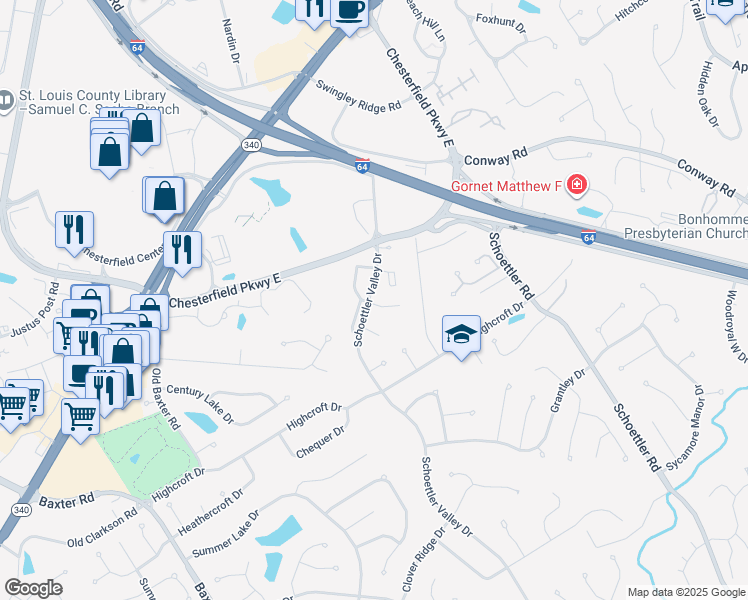 map of restaurants, bars, coffee shops, grocery stores, and more near 15469 Schoettler Valley Drive in Chesterfield