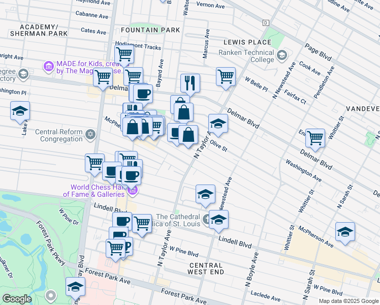 map of restaurants, bars, coffee shops, grocery stores, and more near 4522 Westminster Place in St. Louis