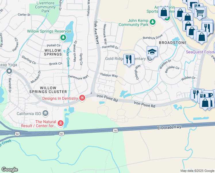 map of restaurants, bars, coffee shops, grocery stores, and more near 215 Vessona Circle in Folsom