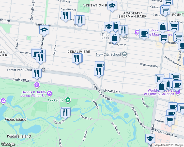 map of restaurants, bars, coffee shops, grocery stores, and more near 5350 Pershing Avenue in St. Louis