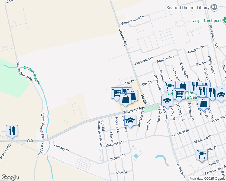 map of restaurants, bars, coffee shops, grocery stores, and more near 800 Sussex Avenue in Seaford