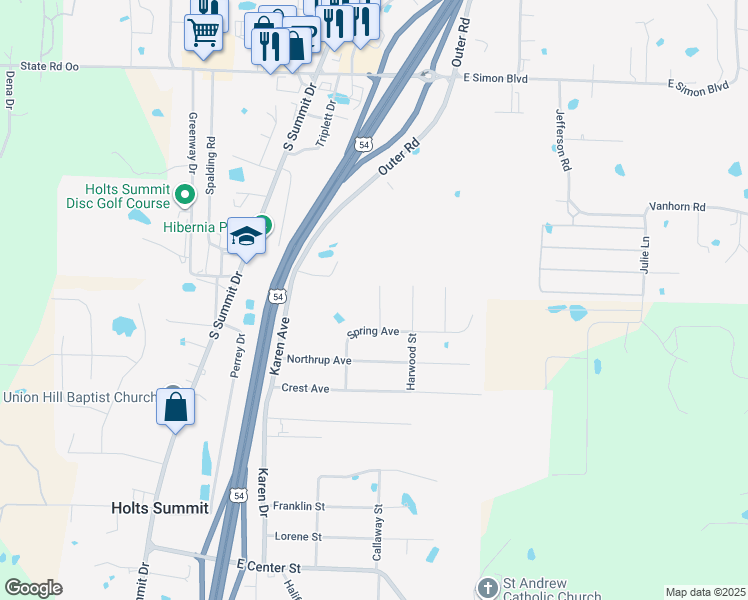 map of restaurants, bars, coffee shops, grocery stores, and more near 130 Lake Park Street in Holts Summit