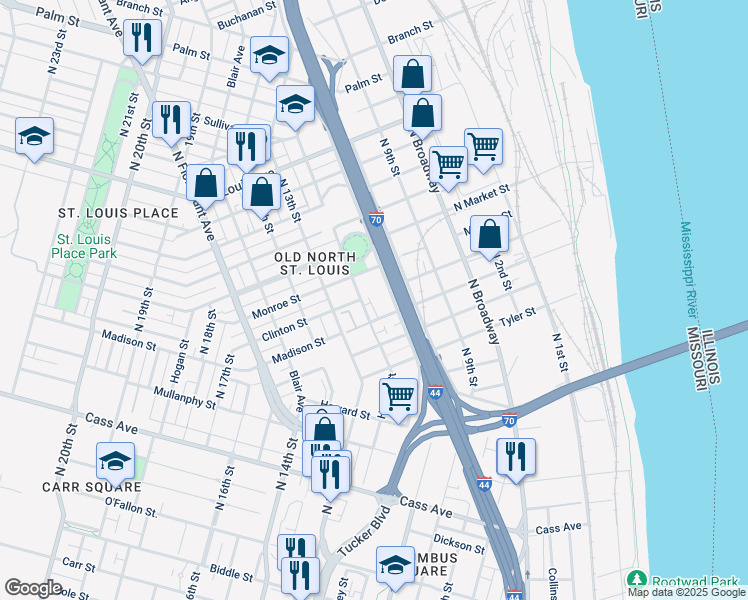 map of restaurants, bars, coffee shops, grocery stores, and more near 2127 North 11th Street in St. Louis