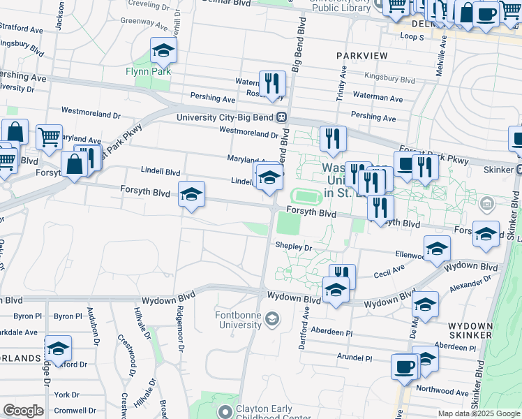 map of restaurants, bars, coffee shops, grocery stores, and more near 7008 Forsyth Boulevard in Clayton