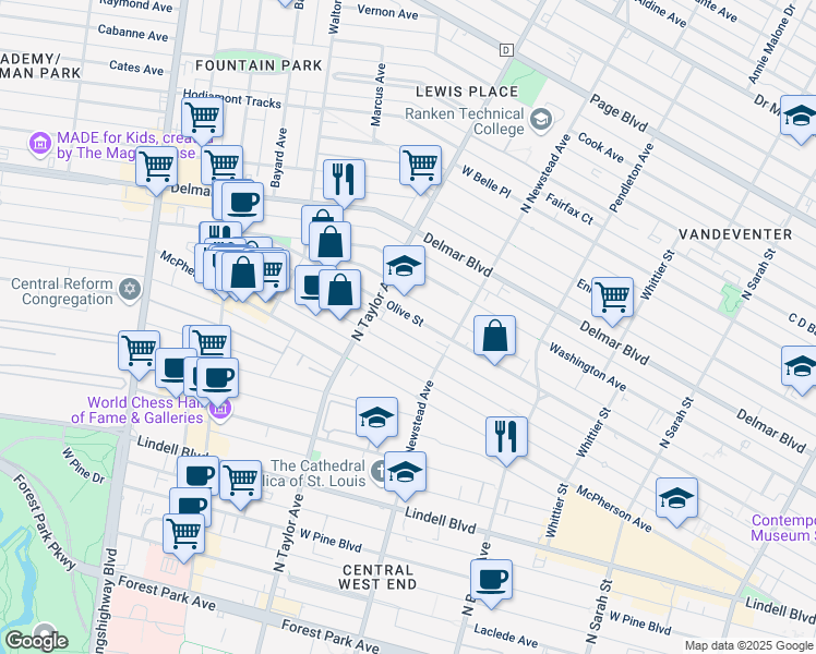 map of restaurants, bars, coffee shops, grocery stores, and more near 4438 Olive Street in St. Louis