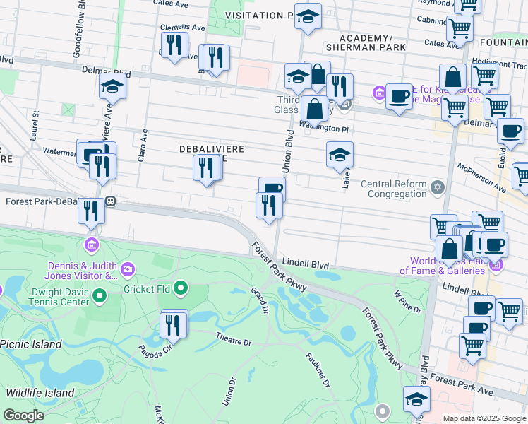 map of restaurants, bars, coffee shops, grocery stores, and more near 5350 Pershing Avenue in St. Louis
