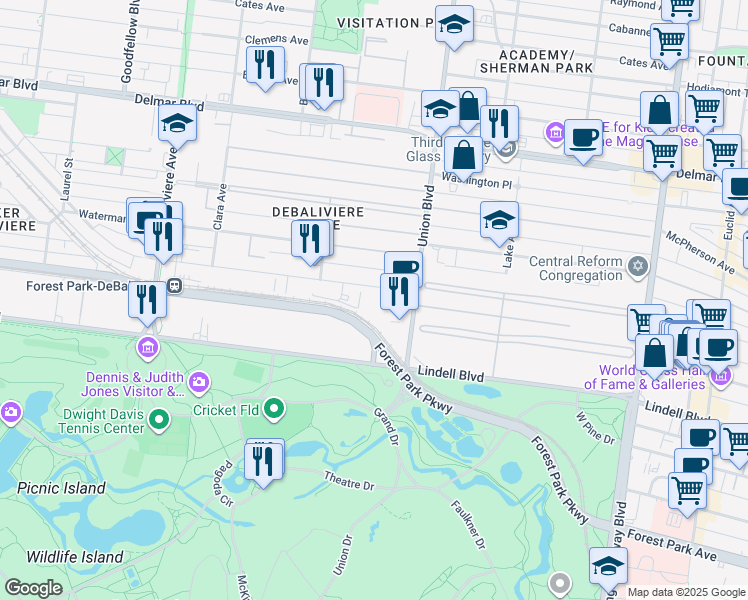 map of restaurants, bars, coffee shops, grocery stores, and more near 5350 Pershing Avenue in St. Louis