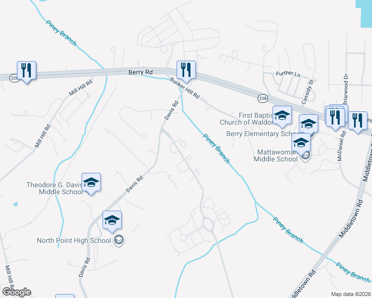 map of restaurants, bars, coffee shops, grocery stores, and more near 2338 Butte Place in Waldorf