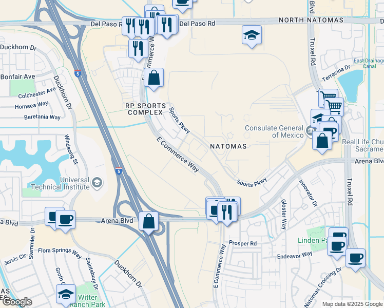map of restaurants, bars, coffee shops, grocery stores, and more near 4190 East Commerce Way in Sacramento