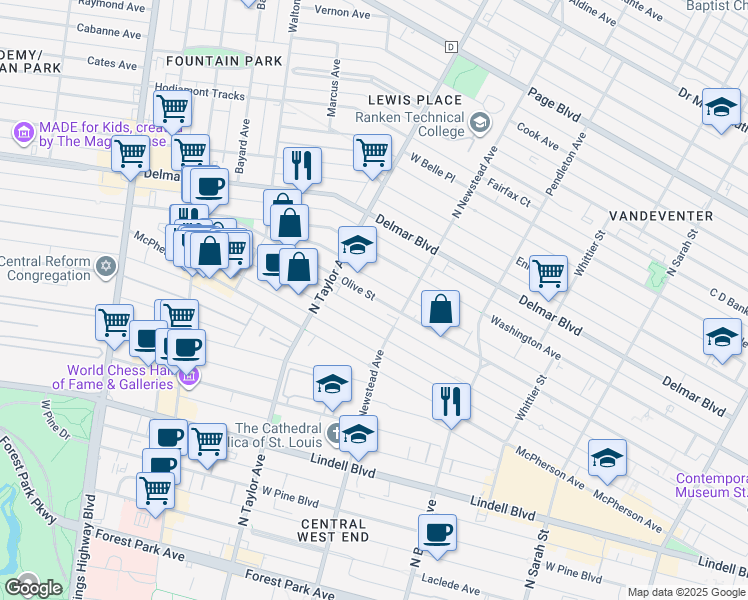 map of restaurants, bars, coffee shops, grocery stores, and more near 4438 Olive Street in St. Louis