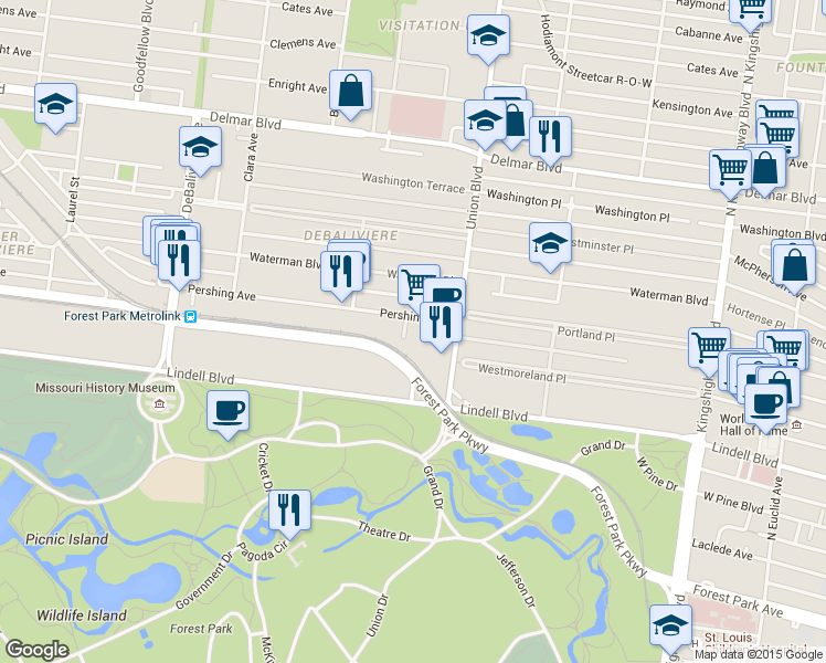 map of restaurants, bars, coffee shops, grocery stores, and more near 5350 Pershing Avenue in St. Louis